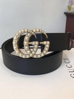 Gucci Black Belt with Gold GG Pearl Buckle Size 90